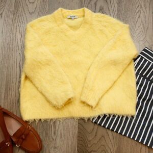 Madewell Alpaca Wool Blend Fuzzy Sweater XS Yellow V Neck Textured Knit